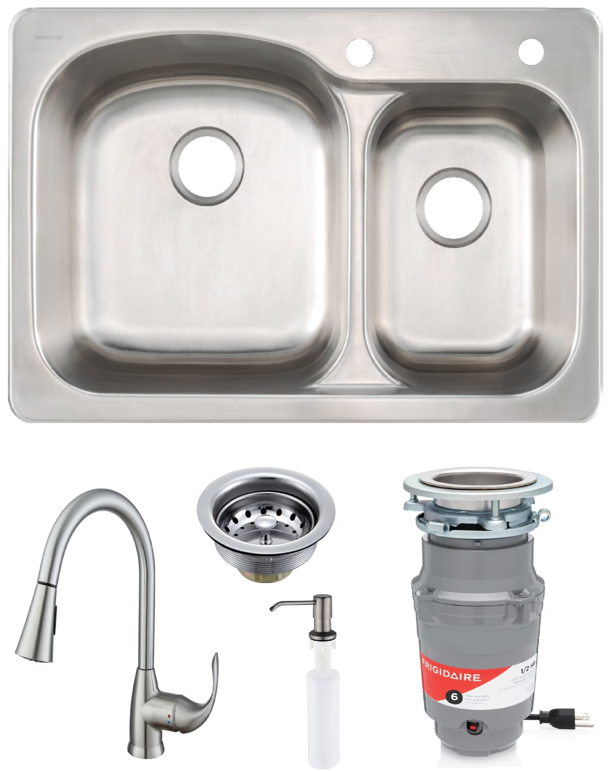 Frigidaire 60/40 Dual Mount 33" Stainless Steel Kitchen Sink Combo W/ Brushed Nickel Faucet & Disposal