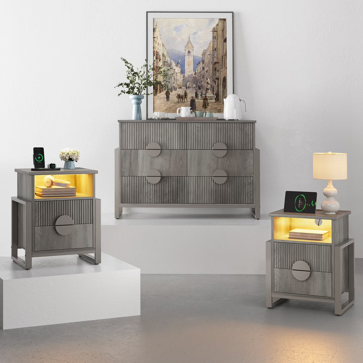 LGHM 3 Piece Bedroom Dresser and Nightstand Set, Fluted Wide Chest of Drawers, Bed Side Table End Table with LED Lights for Living Room, Black