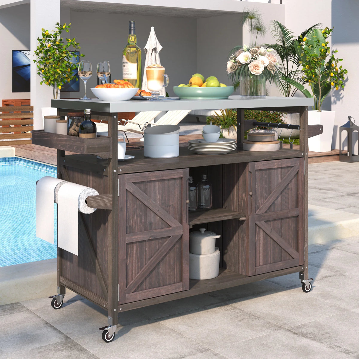 Bellemave Outdoor Serving Cart Kitchen Island Solid Wood Mobile Rolling Bar Cart with Lockable Wheels, Rack and Stainless Steel Top Beverage Storage Counter Table with Cabinet for Patio, Natural