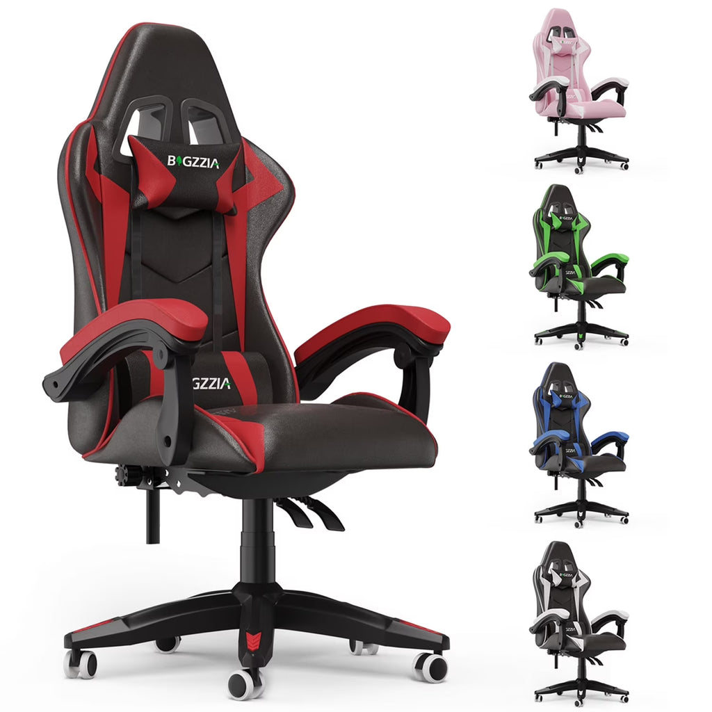 Bigzzia Gaming Chair Office Chair, Ergonomic Game Chair with Height Adjustable Headrest and Lumbar Support for Adults Teens, Black & White