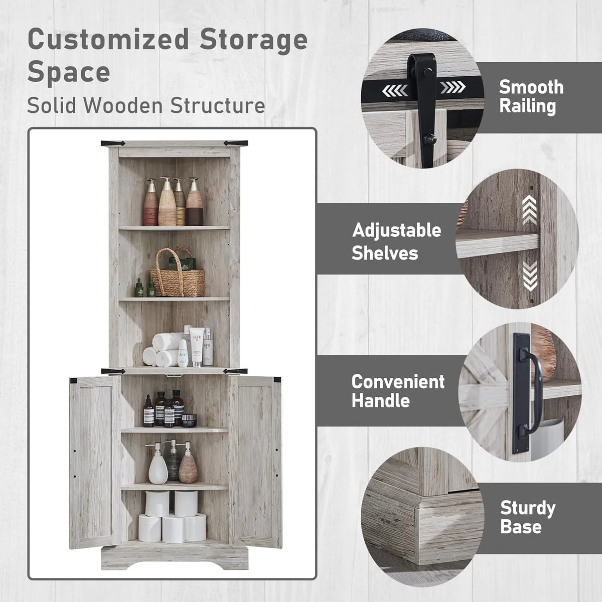 OKD Farmhouse Tall Corner Cabinet with Barn Door & Adjustable Shelves, 68" Rustic Wood Corner Cabinet with Storage Cabinet for Bathroom, Kitchen, Antique White