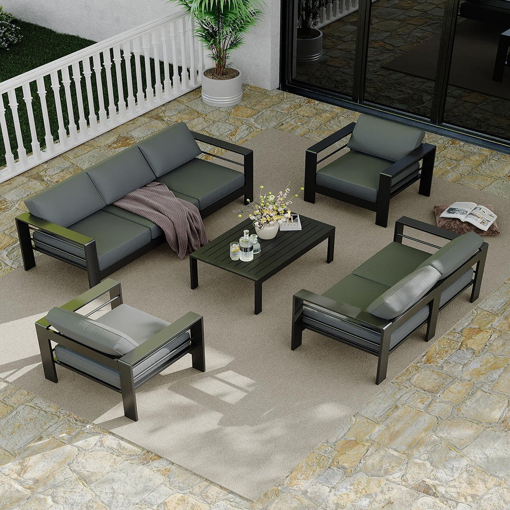 Ataucjin 5 Pieces Aluminum Patio Furniture Set, Outdoor Sectional Conversation Set Sectional Sofa with 4" Armrest & 5" Thick Cushions & Coffee Table��ship in 4 boxes��