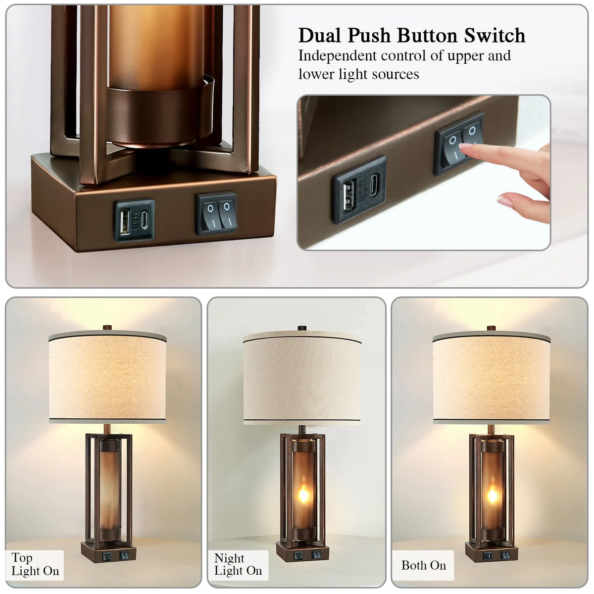 RORIA 24a?? Modern Living Room Table Lamp 2-Piece Set with 2 USB Charging Ports, Built-in White Frosted Glass with Night Light, Black Vintage Rustic Farmhouse Lamp for Bedroom Nightstand Lamps