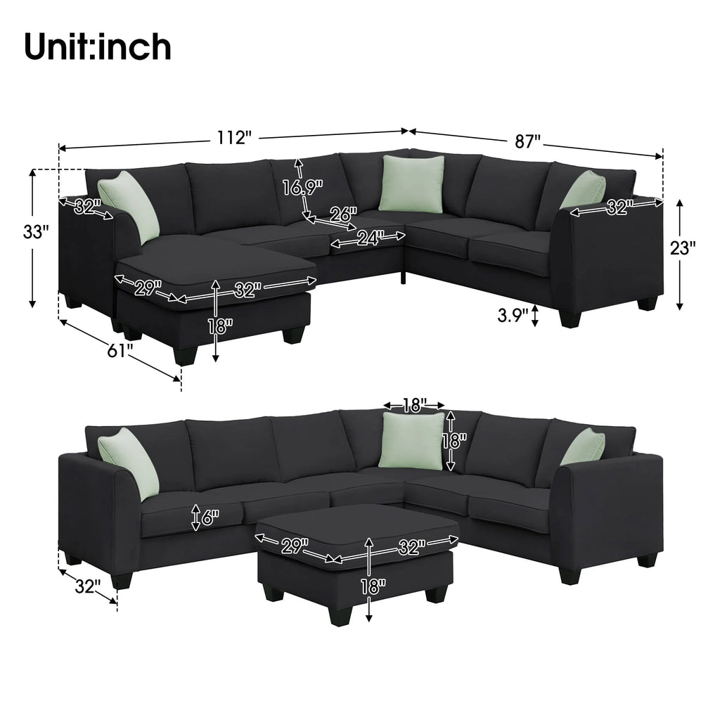 L-Shaped Modular Sectional Couch, KAMIDA 7-Seater Sectional Couch with Ottoman and 3 Pillows, Modern L-Shaped Fabric Upholstered Couch Furniture, Heavy Duty Sectional Couch for Living Room, Black