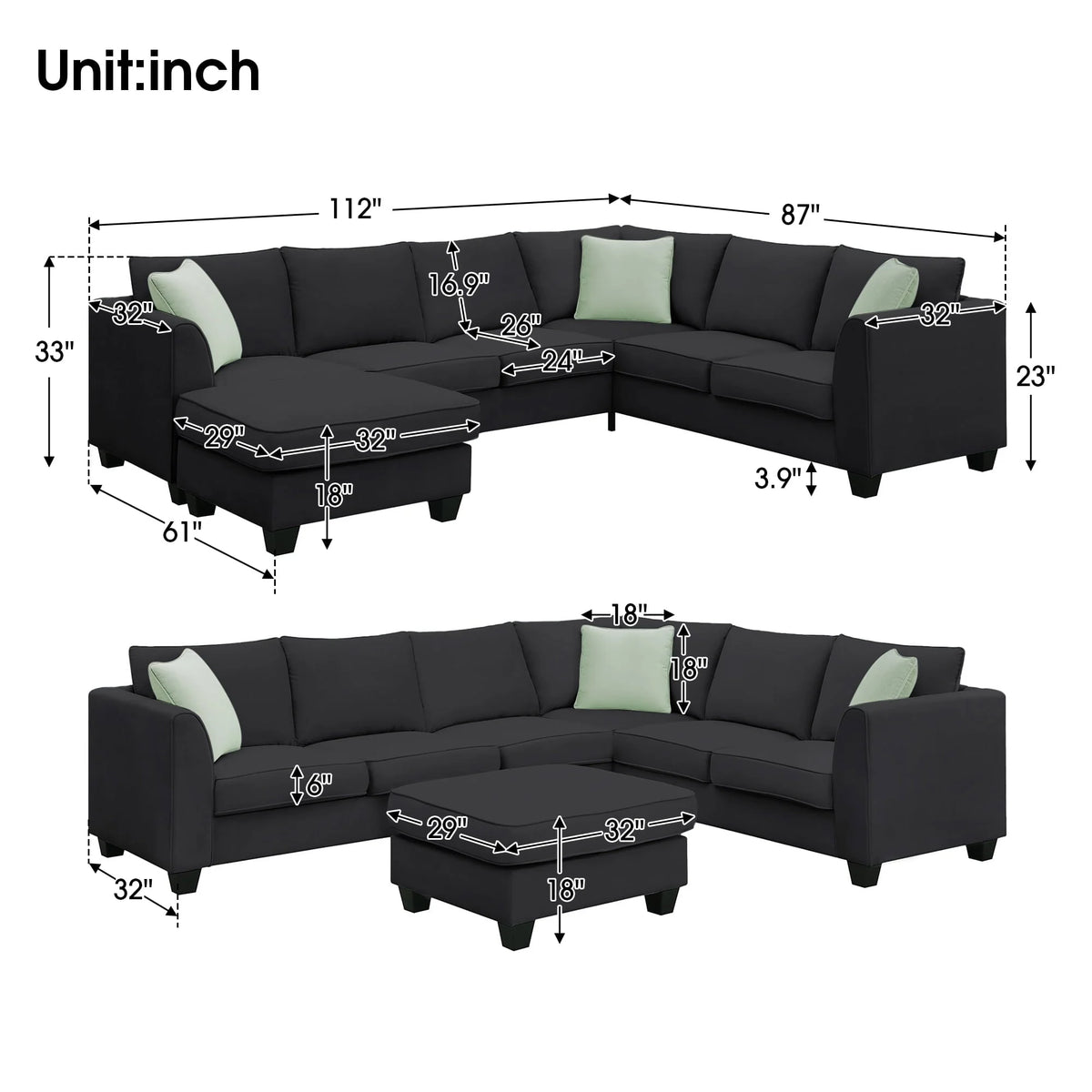 L-Shaped Modular Sectional Couch, KAMIDA 7-Seater Sectional Couch with Ottoman and 3 Pillows, Modern L-Shaped Fabric Upholstered Couch Furniture, Heavy Duty Sectional Couch for Living Room, Black