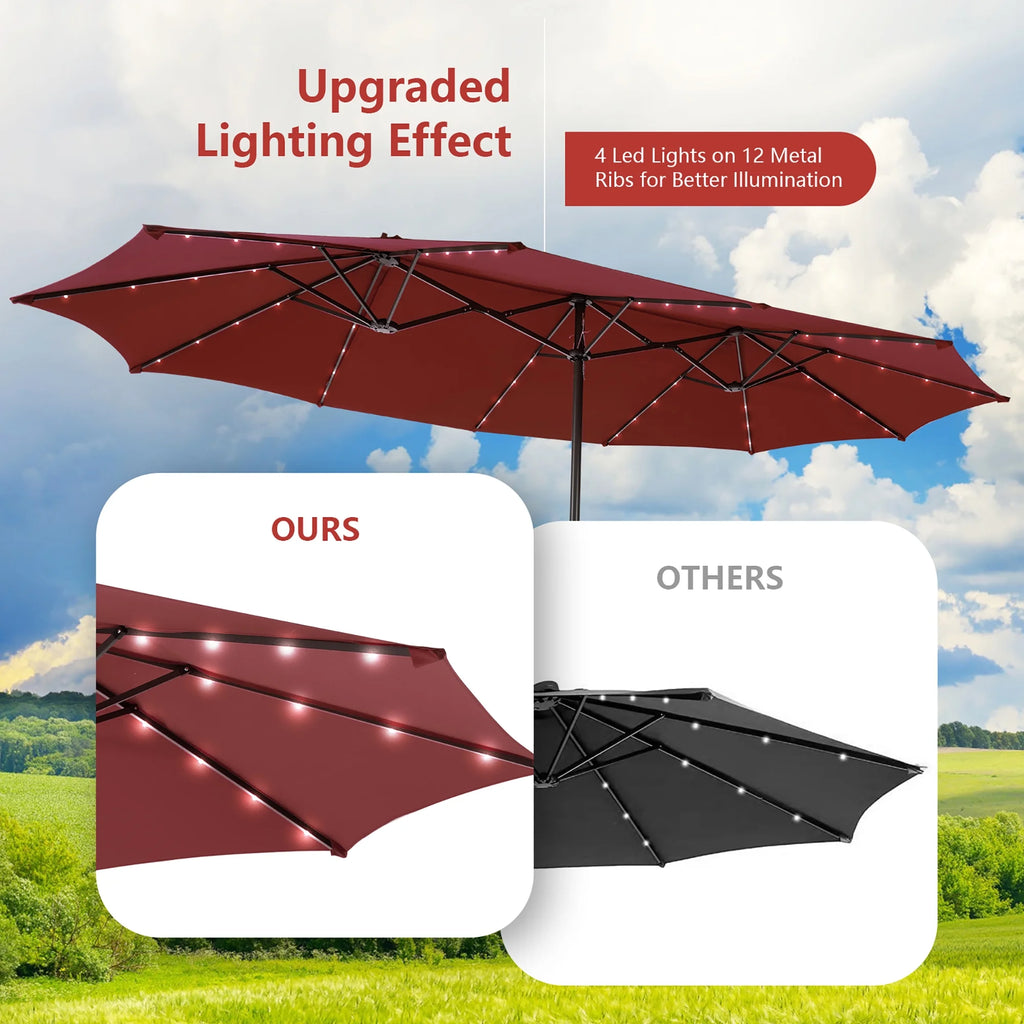 Costway 15FT Twin Patio Double-Sided Umbrella 48 Solar LED Lights Crank Outdoor Beige
