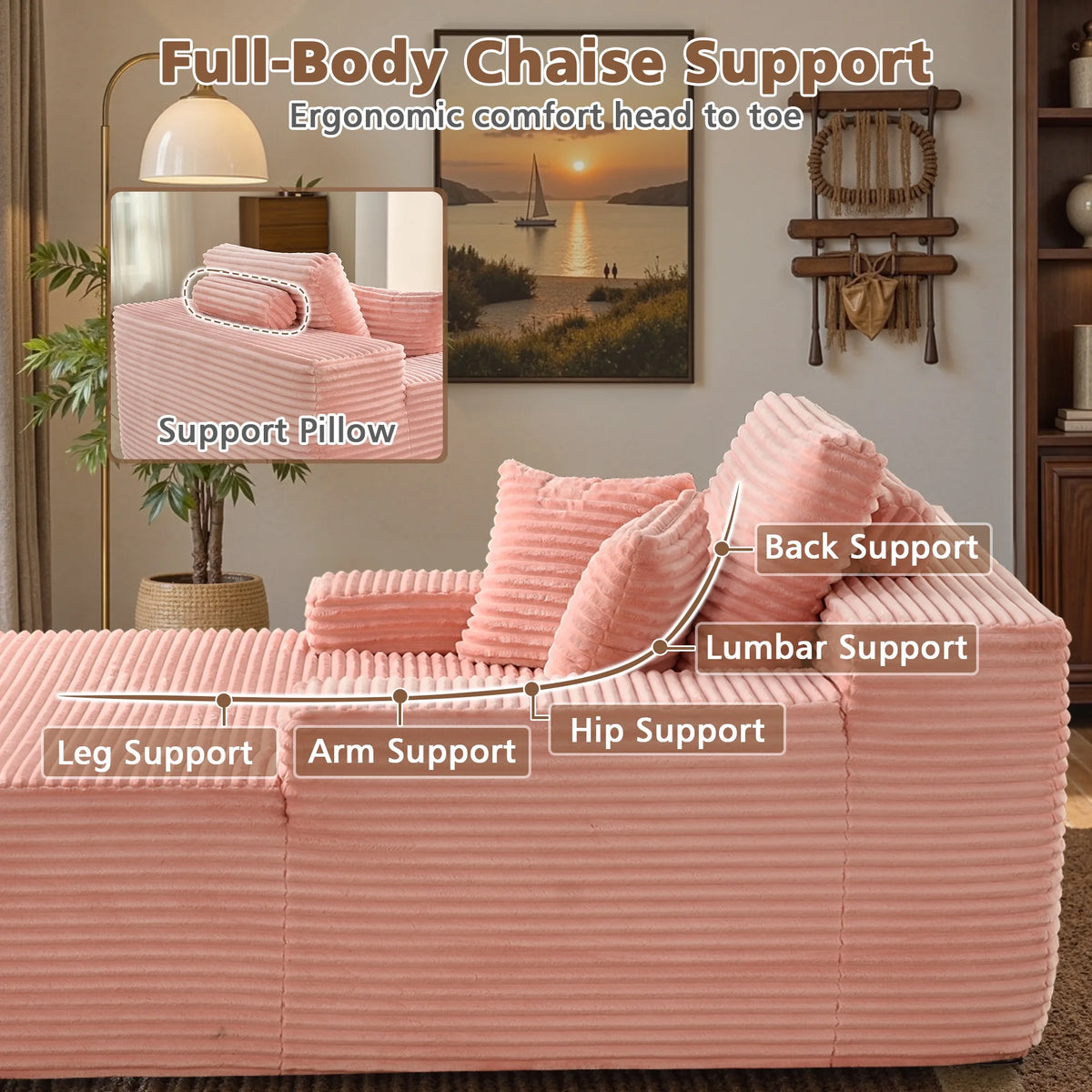 Ovios 67'' Oversized Chaise Lounge Chair Indoor Cloud Plush Corduroy Floor Sofa Bed Deep Seat No Assembly Couch for Living Room, Black