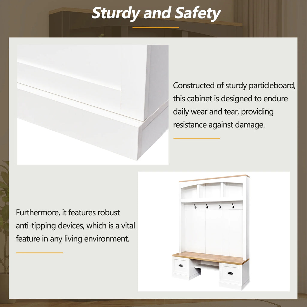 Harper & Bright Designs Farmhouse Hall Tree with Bench and Shoe Storage, Mudroom Bench with Coat Rack and Adjustable Shelves for Hallway, Living Room, White
