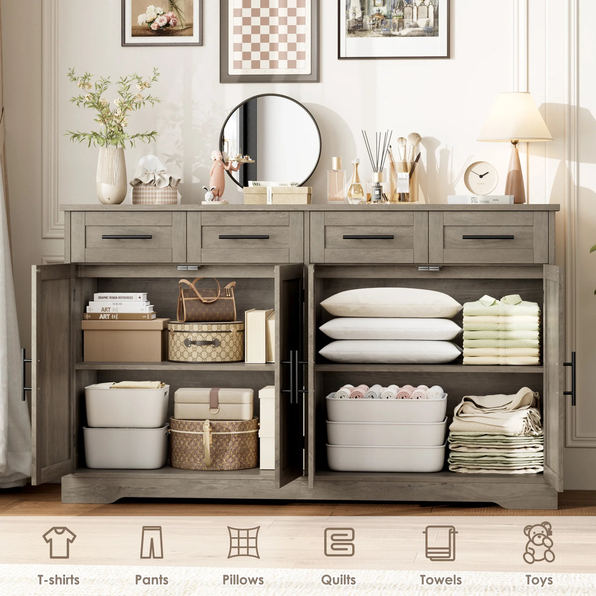 Homfa Farmhouse Buffet Cabinet with 4 Drawers and 4 Doors, 59" W Sideboard Buffet Storage Cabinet with Shelves, for Kitchen Living Room Bedroom, Wash Gray