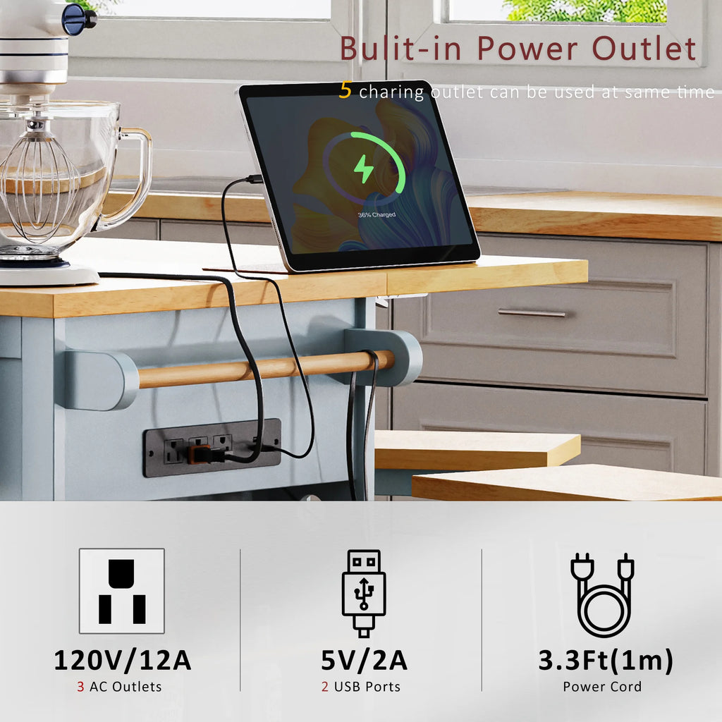 EUROCO 53" Large Kitchen Island with Drop Leaf,Kitchen Island Cart on 5 Wheels with Power Outlet,Door Internal Storage Rack and 5 Open Side Racks,Rolling Kitchen Table for Dining Room,Grey Blue