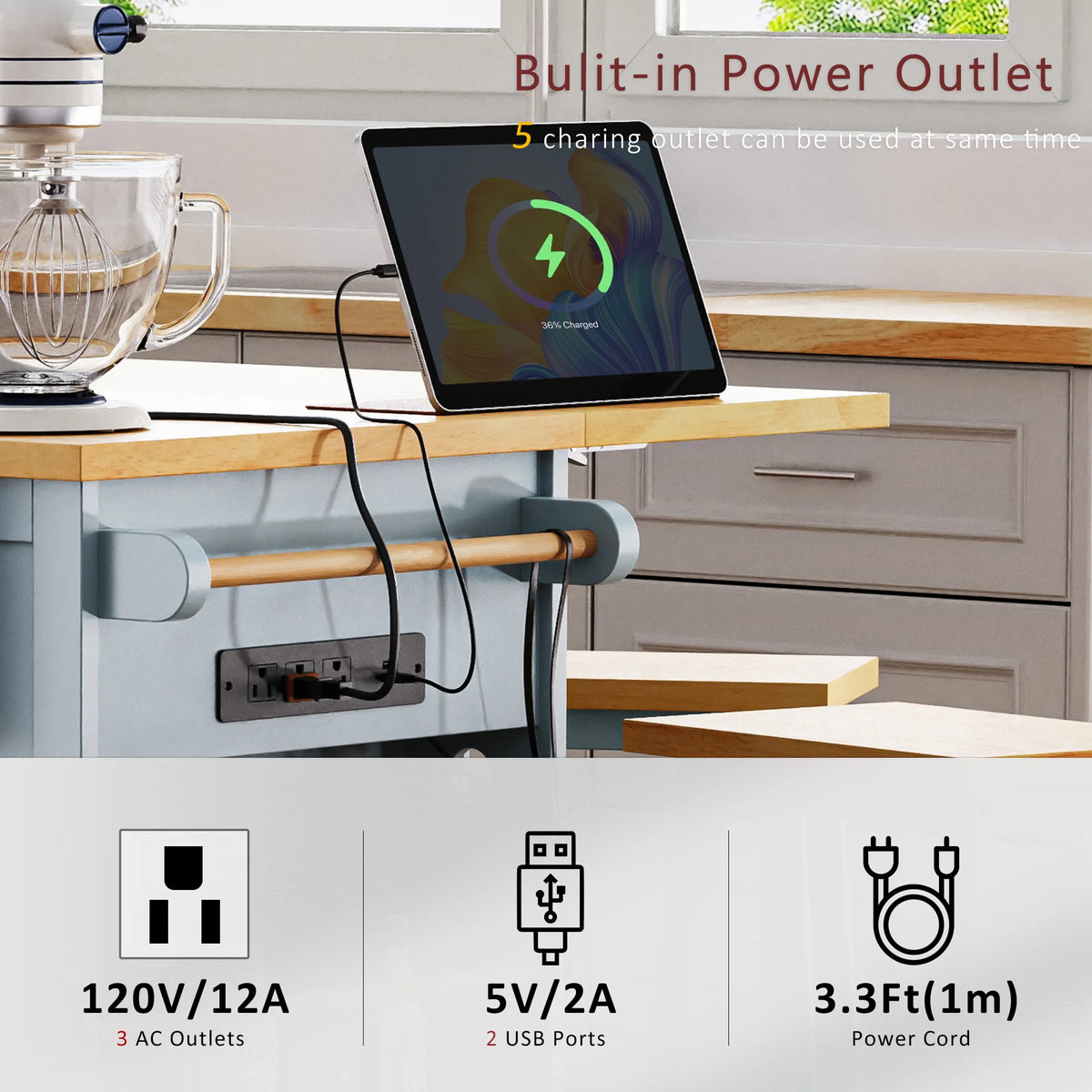 EUROCO 53" Large Kitchen Island with Drop Leaf,Kitchen Island Cart on 5 Wheels with Power Outlet,Door Internal Storage Rack and 5 Open Side Racks,Rolling Kitchen Table for Dining Room,Grey Blue