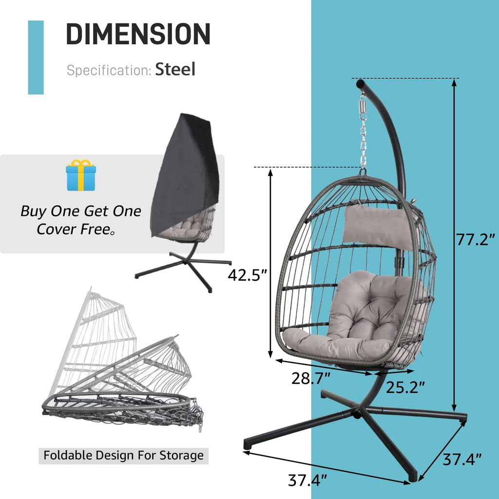 Indoor Outdoor Swing Egg Chair with Stand, Patio Foldable Grey Wicker Rattan Hanging Chair with Cushion, Light Gray