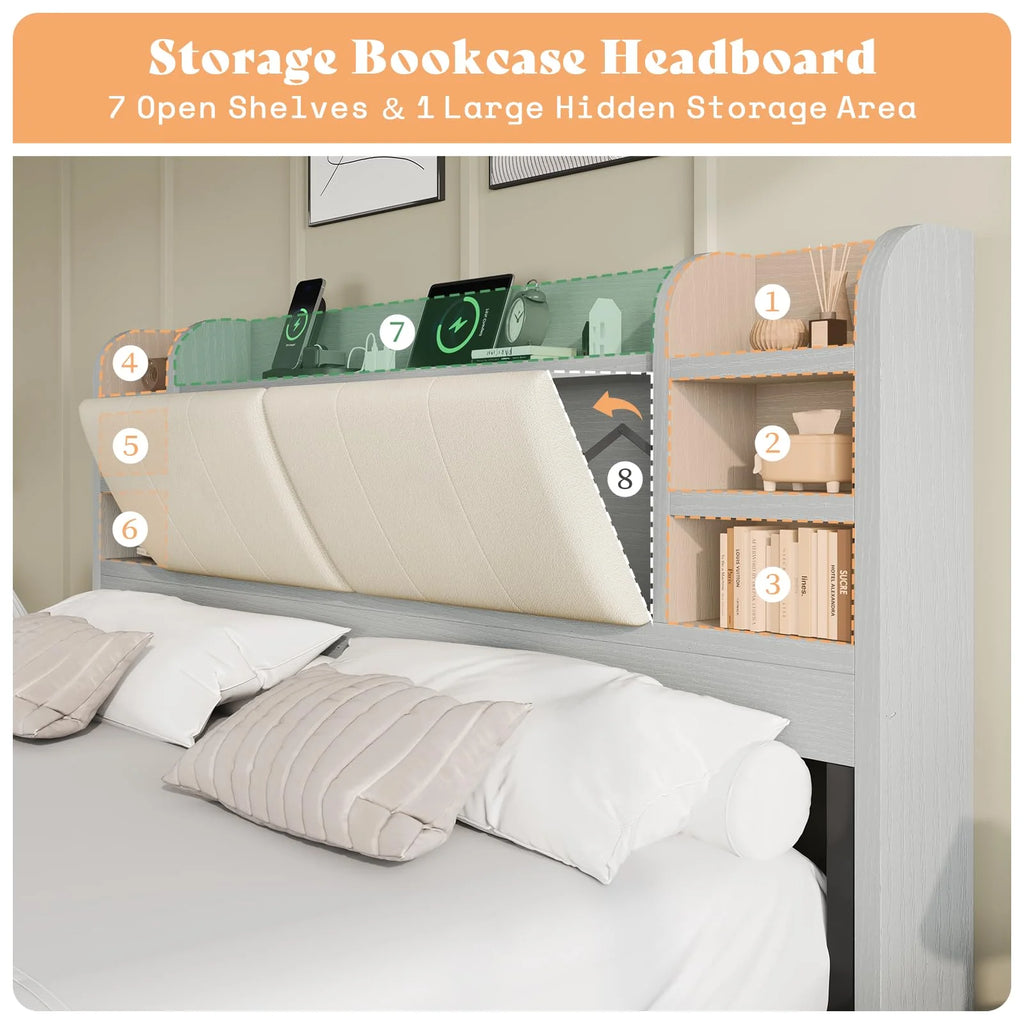 PLAUIN King Size Bed Frame with Storage Drawers, 47.2" Headboard and Wooden Platform, Grey