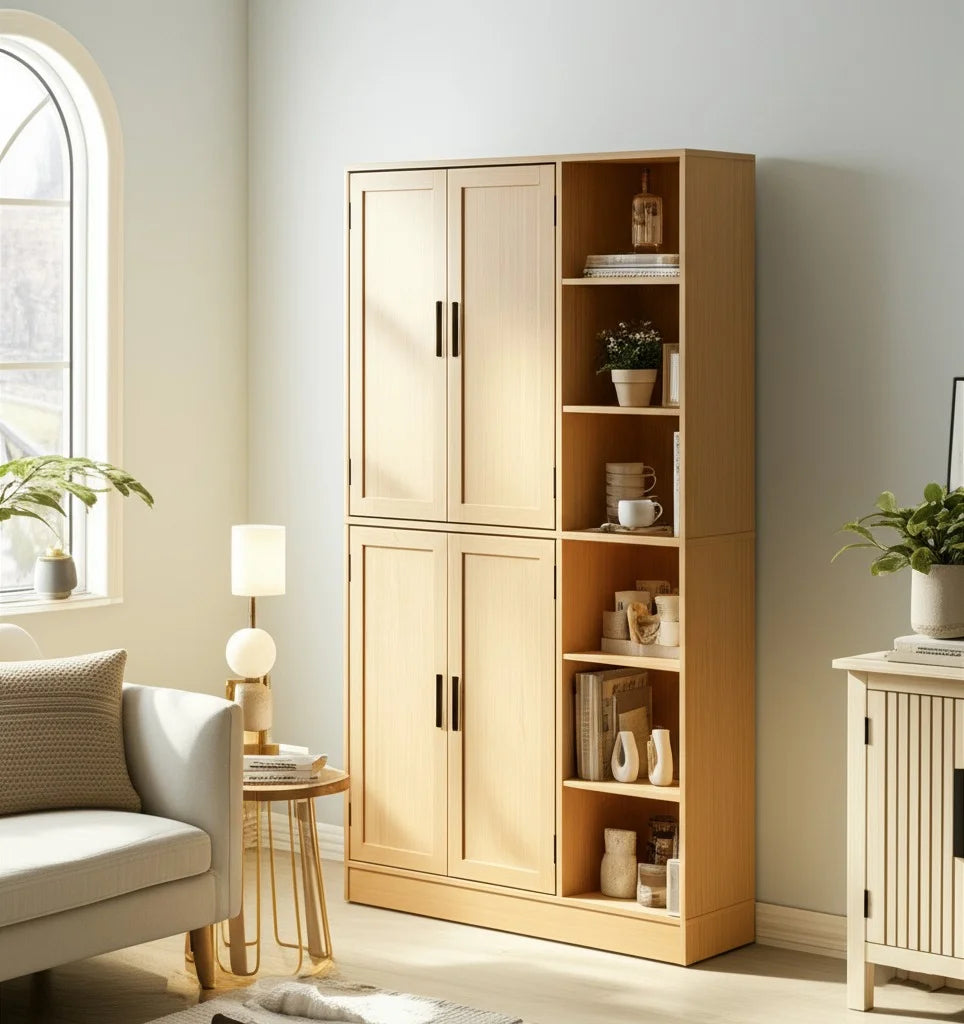 63" Tall Kitchen Pantry, Kitchen Pantry Cabinet with 4 Doors and Adjustable Shelves, Storage Cabinet for Dining Room, Laundry Room, Oak