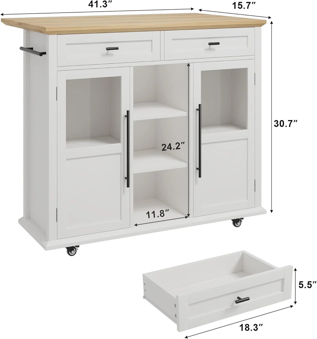 WALYWIK Foldable Kitchen Island Cart with Wheels, 2 Glass Doors, Spice Rack & Towel Holder �C Compact Mobile Storage Cart for Small Kitchens, Dining Rooms, Camping & RVs - Grey
