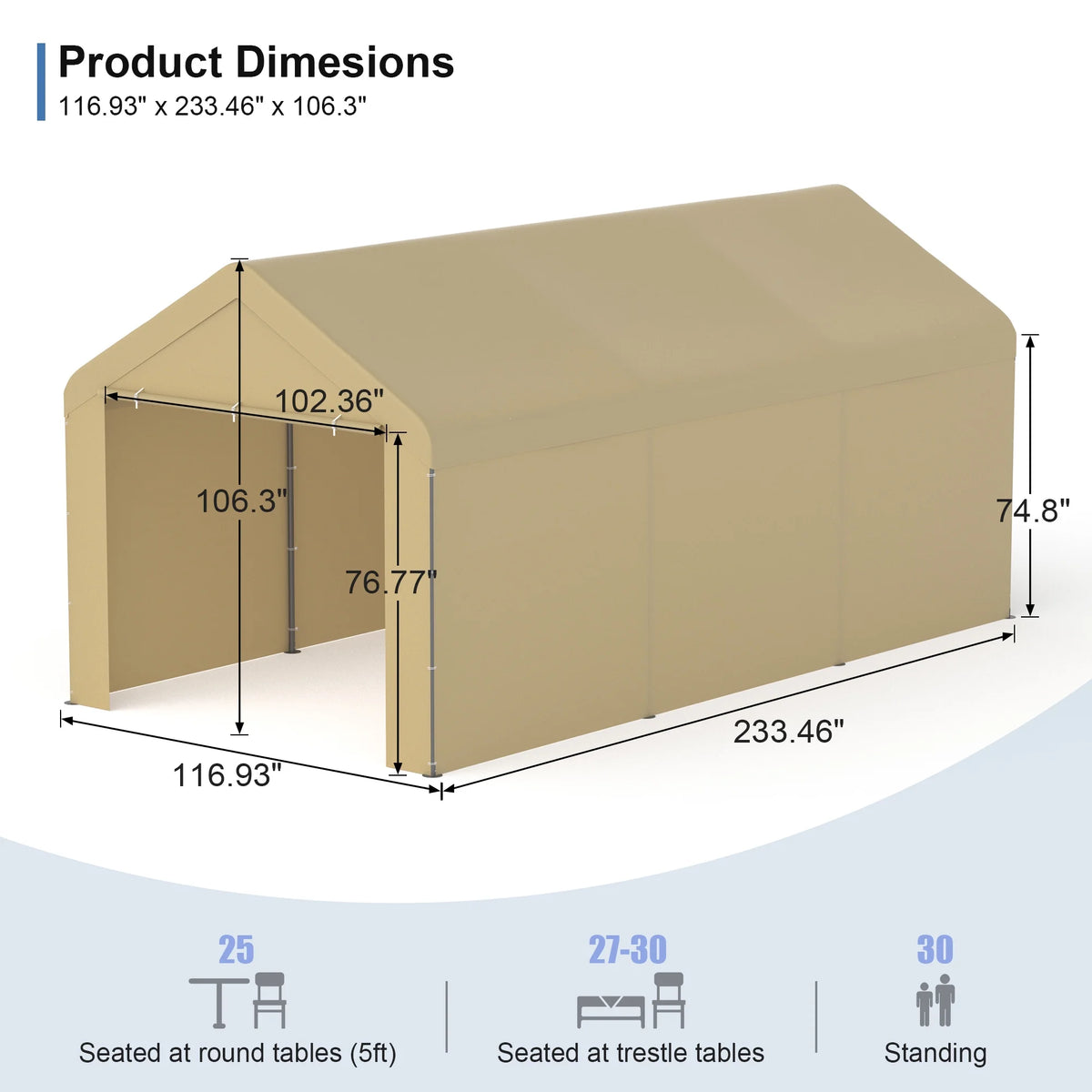 GOJOOASIS Carport, 10 x 20 Heavy Duty Carport Canopy with Removable Sidewall, Water-Resistant Portable PE Garage with All-Season Tarp Beige