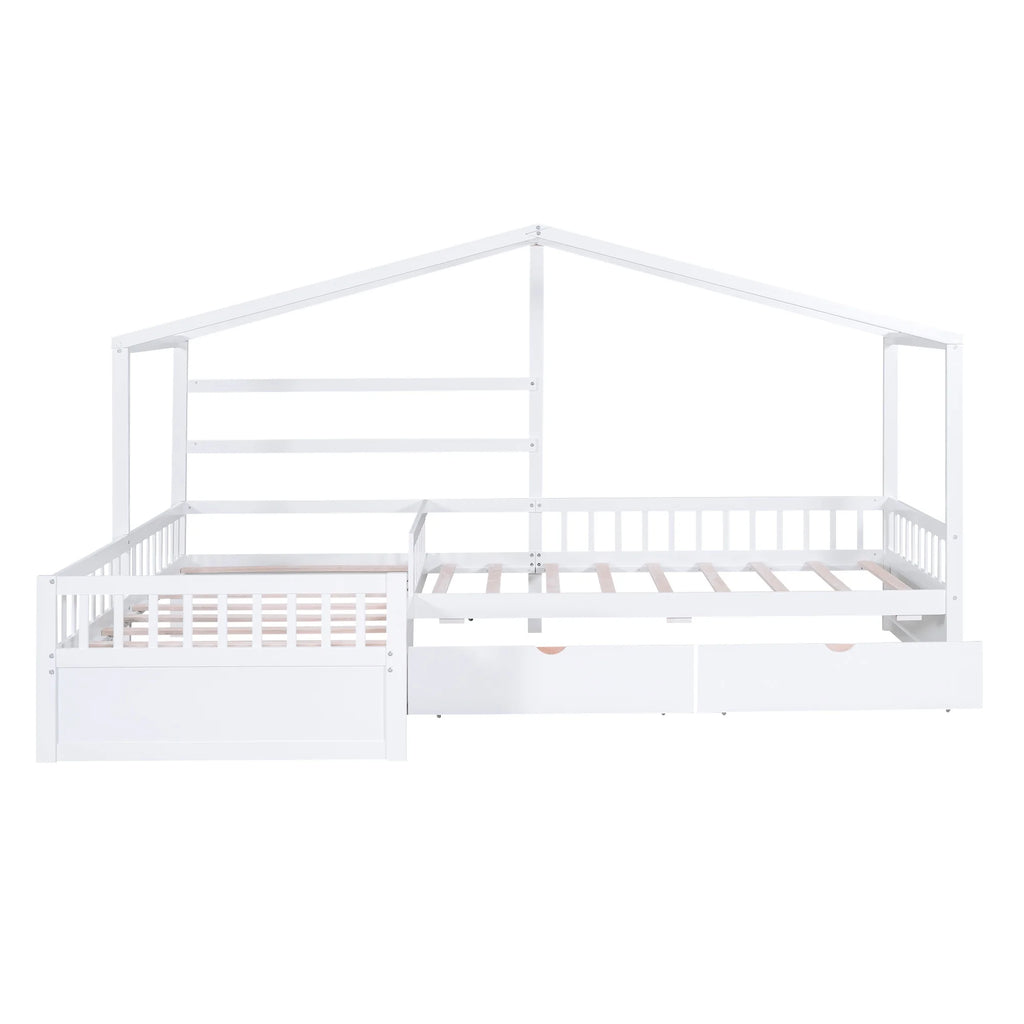 Bellemave House Bed Double Twin Beds, Wood L-Shape Twin Bed with 3 Storage Drawers, Montessori Bed with Roof and Fencefor Toddler Kids Girls Boys (White)