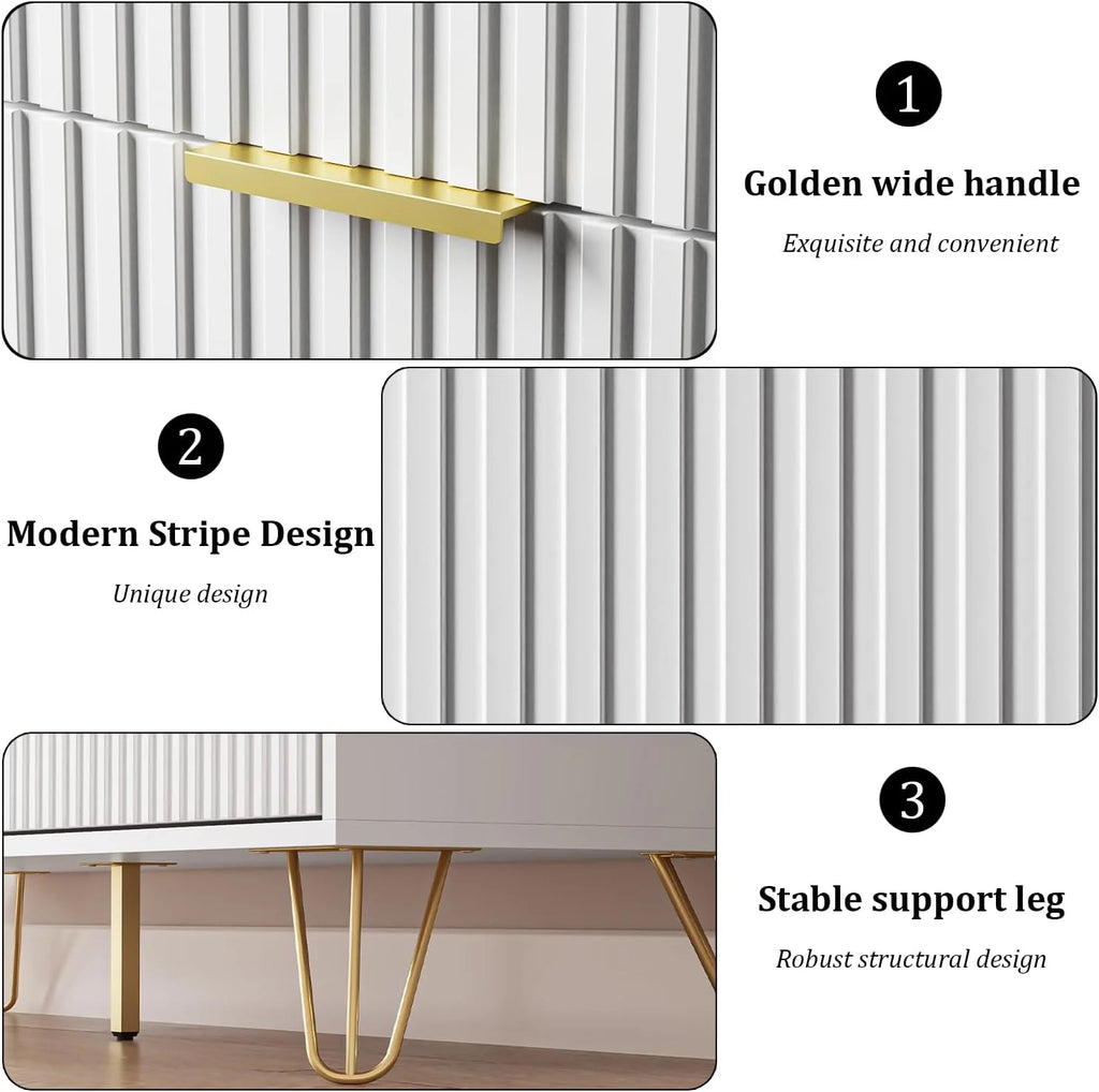 FURNIWAY White 6 Drawer Dresser for Bedroom, Modern Dresser with Gold Metal Handles,Fluted Wood TV Stand for Living Room, Hallway