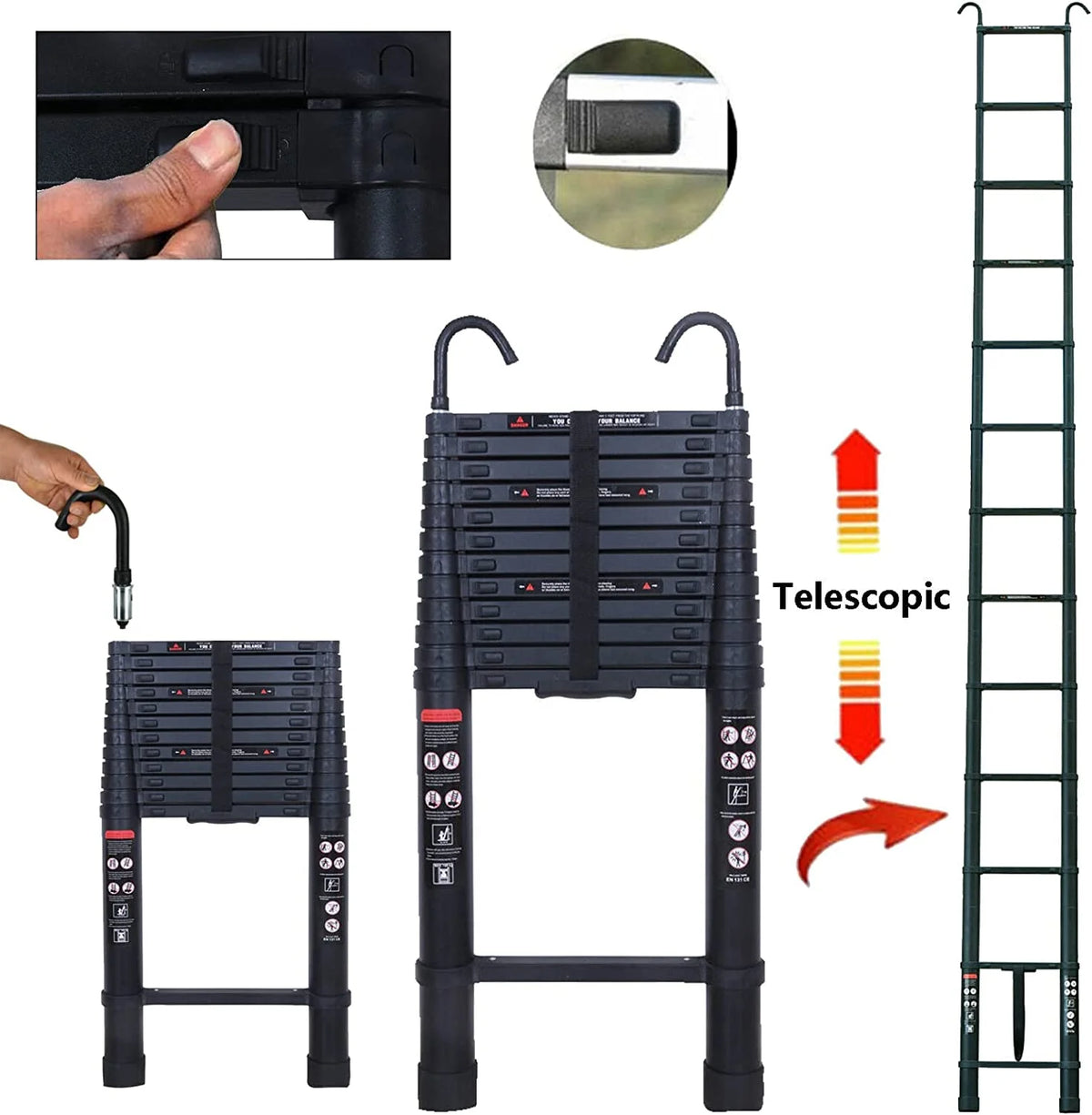 Jupiter Multi-Purpose Telescoping Extension Ladder with 2 Detachable Hooks, 20 ft, Aluminum Silver
