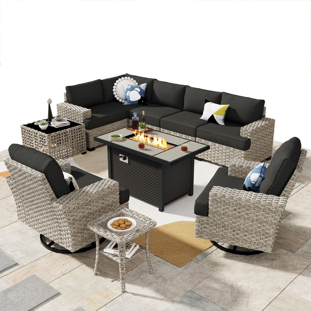 Ovios 10 Pieces Outdoor Patio Furniture Modern High-Back All-Weather Wicker Sectional Conversation Set with Propane Fire Pit Table & Swivel Chair, Dark Gray