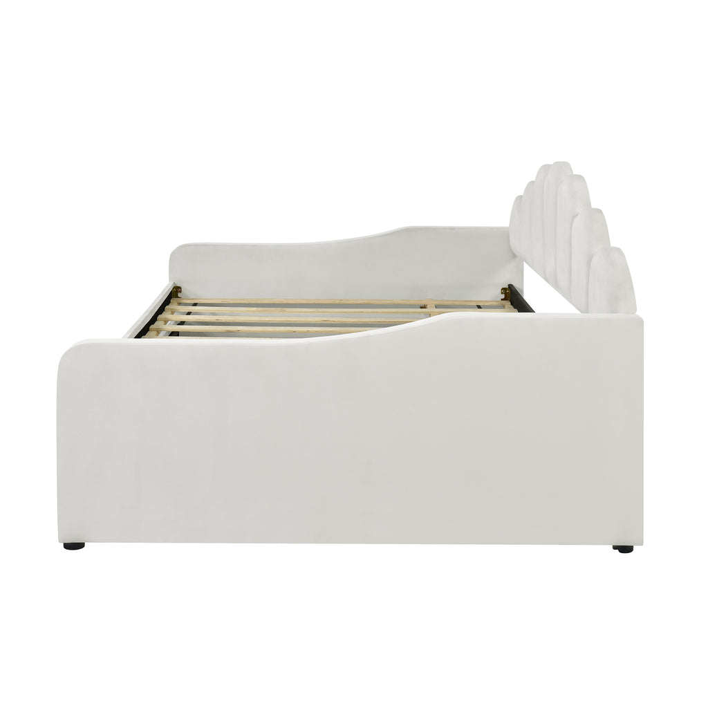 EUROCO Upholstery Full Size Platform Bed, Upholstered Daybed with Headboard and Trundle, Beige