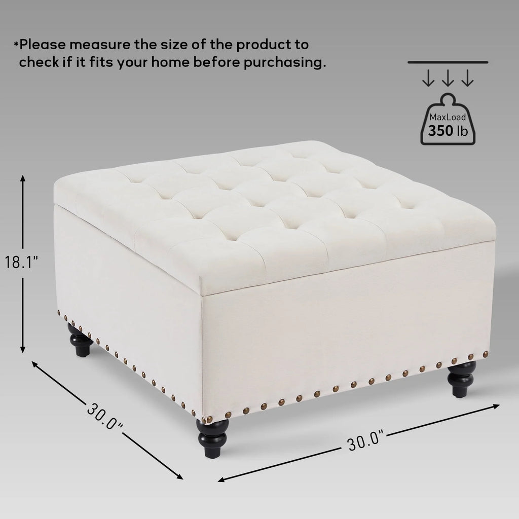 HUIMO Large Square Storage Ottoman Bench, 30-inch Wide Storage Bench Coffee Table with Tufted Oversized, for Living Room (Beige)