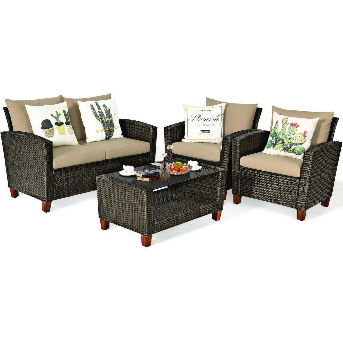 Resenkos 4 Pieces Patio Rattan Furniture Set, Outdoor Furniture Garden Conversation Bistro Sets with Coffee Table