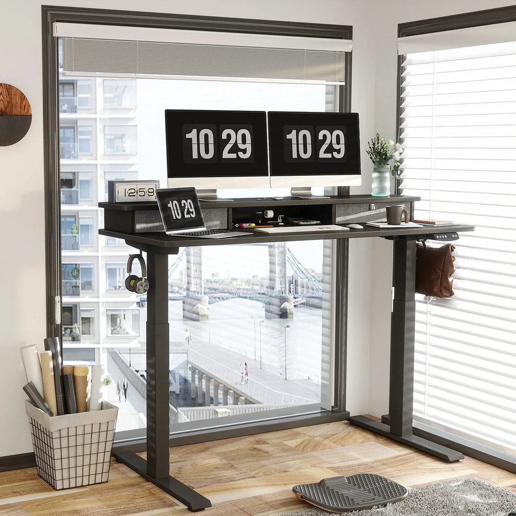 Fezibo Height Adjustable Electric Standing Desk with Drawers and Storage Shelf, Sit Stand Desk with Splice Board, Black Finish, 55"