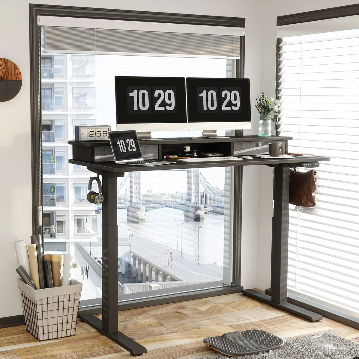 Fezibo Height Adjustable Electric Standing Desk with Drawers and Storage Shelf, Sit Stand Desk with Splice Board, Black Finish, 55"