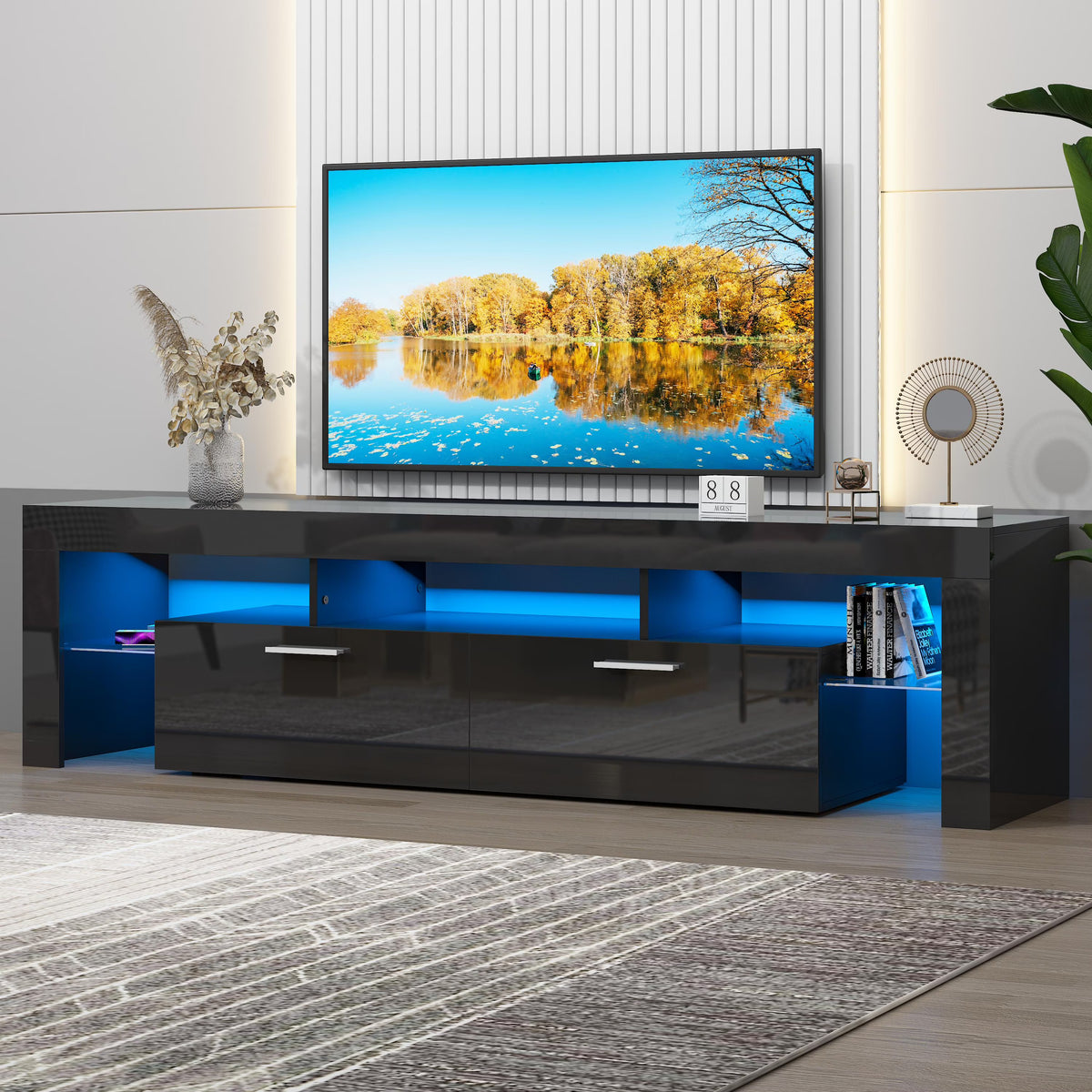 UHOMEPRO TV Stand for TV up to 70", Living Room Entertainment Center with RGB LED Lights and Storage Shelves Furniture, White High Gloss TV Cabinet Console Table