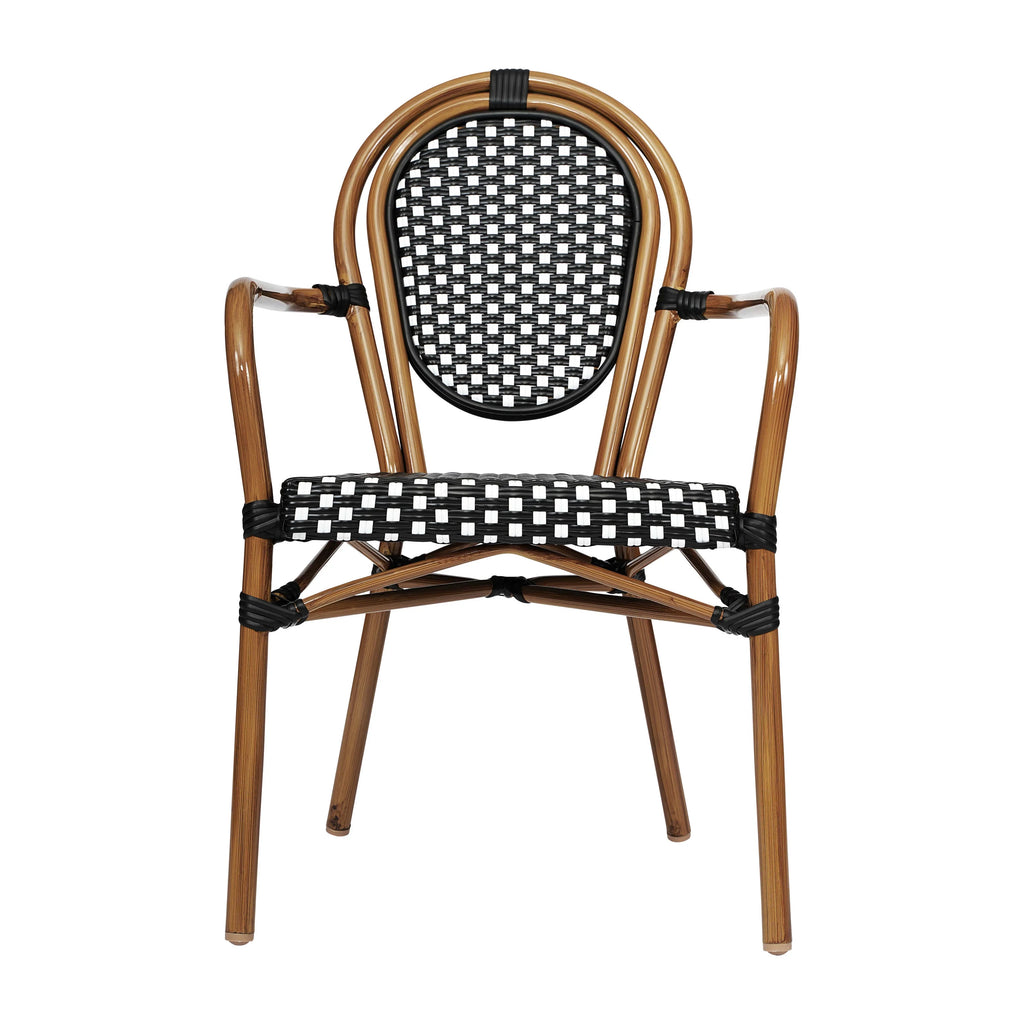Merrick Lane Stacking Thonet French Bistro Style Chair with Arms, Black & White PE Rattan Seat, and Bamboo Finished Metal Frame for Indoor/Outdoor Use