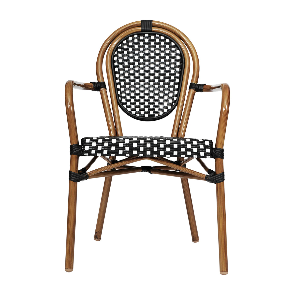 Merrick Lane Stacking Thonet French Bistro Style Chair with Arms, Black & White PE Rattan Seat, and Bamboo Finished Metal Frame for Indoor/Outdoor Use
