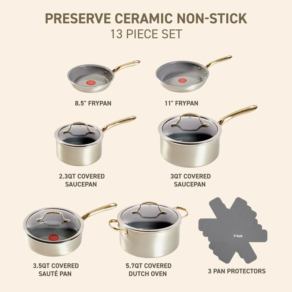 T-fal Preserve Ceramic Non-Stick Cookware, 13 Piece Pots and Pans Set, Champagne