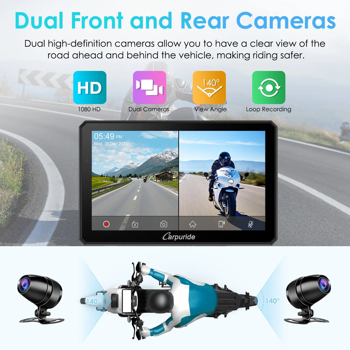 Carpuride Motorcycle HD Dual 1080P Dash Cam, Wireless Apple CarPlay & Android Auto Wire Control, Horizontal  Vertical Rotation 7" Touch Screen (712D)