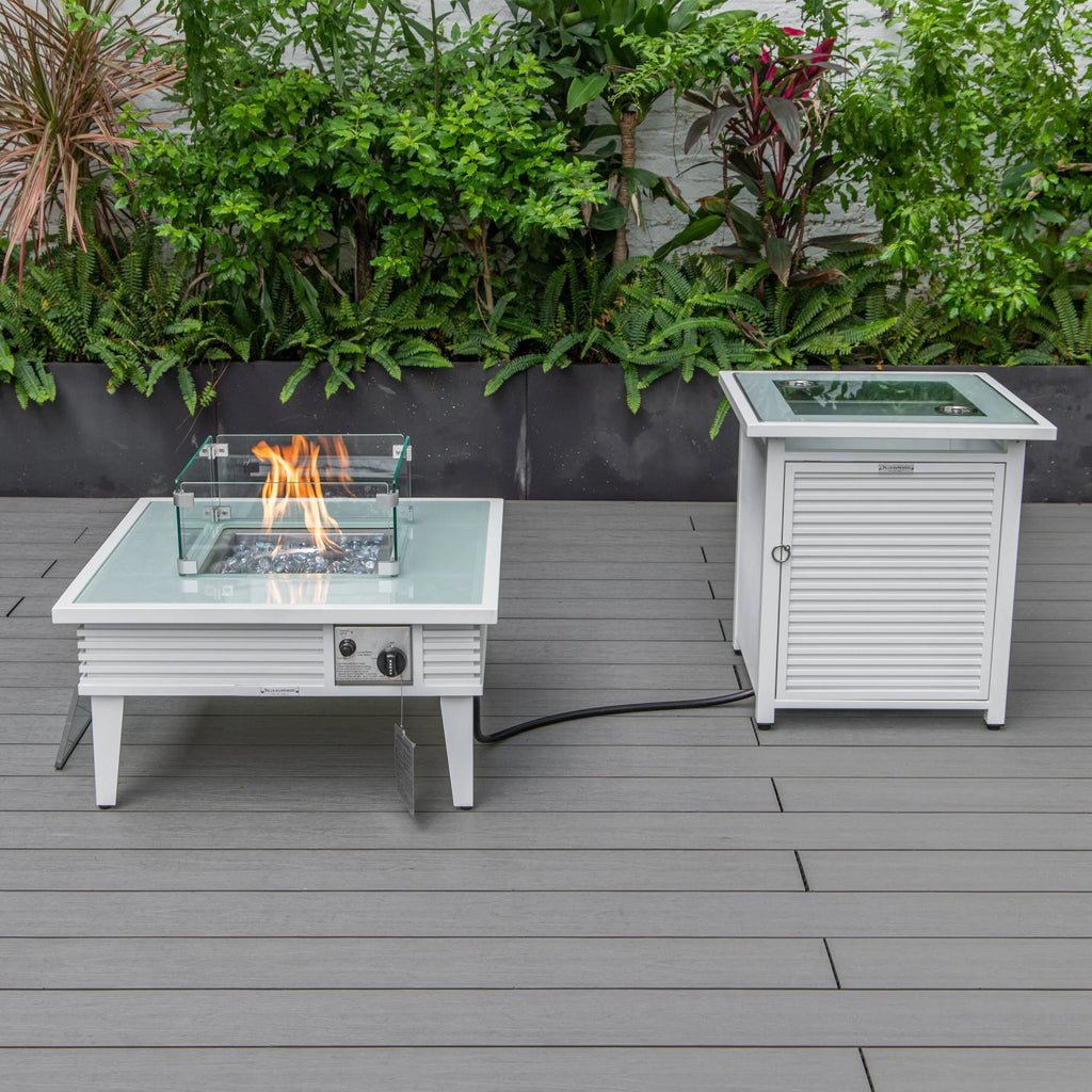 LeisureMod Walbrooke Modern Aluminum 5-Piece Patio Conversation Set with Outdoor Square Fire Pit Table with Slats Design & Side Table Tank Holder (Green)