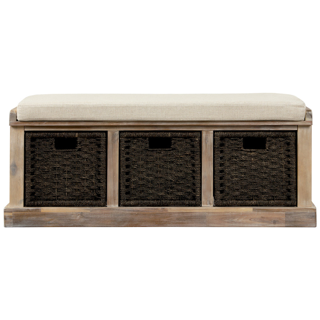 Entryway Storage Bench with 3 Woven Baskets and Removable Cushion, Entry Hallway Foyer Shoe Bench End of Bed Bench, Fully Assembled, 41.3" L x 15.7" W x 17" H (White&nbsp;Washed)