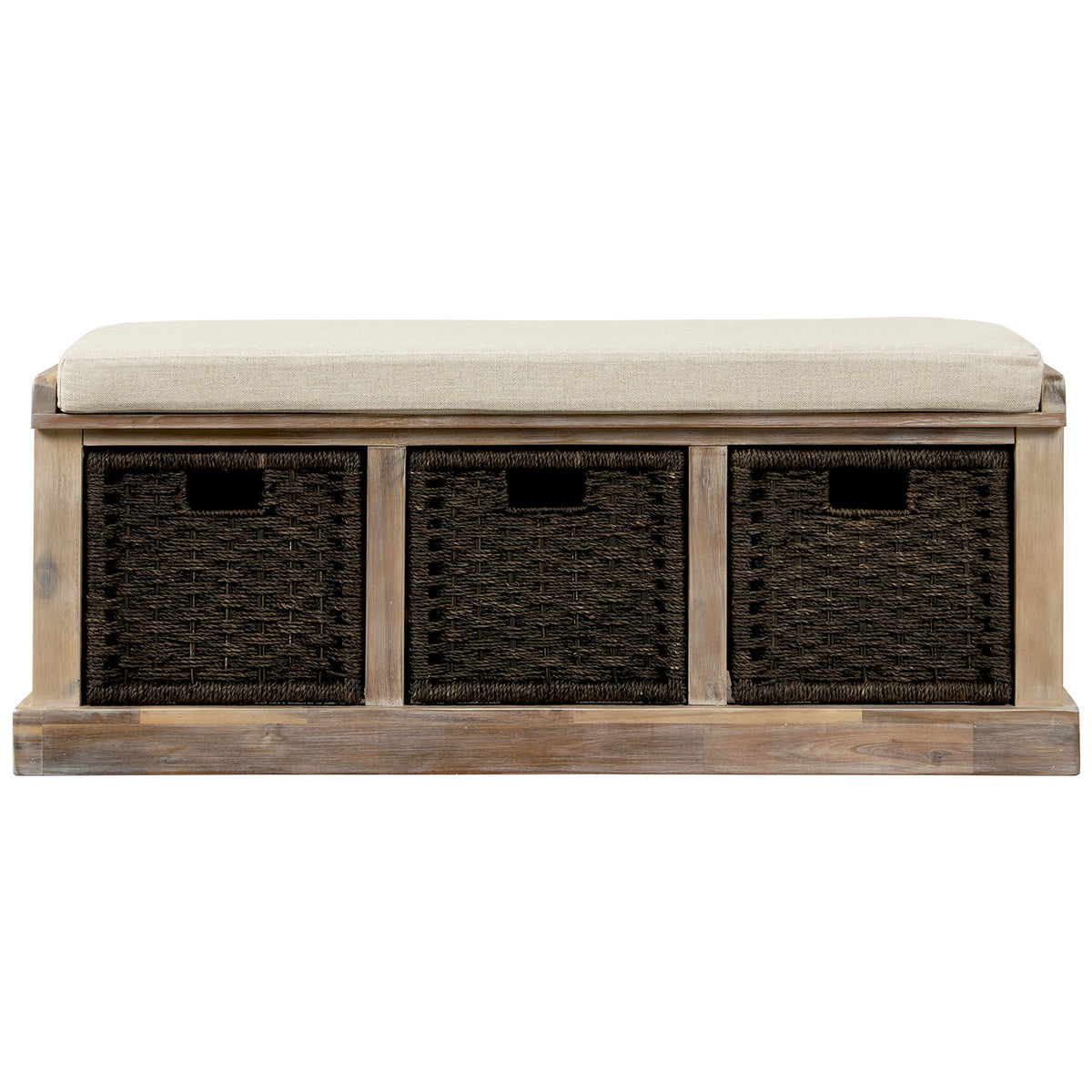 Entryway Storage Bench with 3 Woven Baskets and Removable Cushion, Entry Hallway Foyer Shoe Bench End of Bed Bench, Fully Assembled, 41.3" L x 15.7" W x 17" H (White&nbsp;Washed)