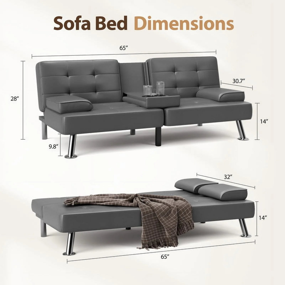 Furmax Futon Sofa Bed Convertible Folding Faux Leather Couch with 2 Cup Holders,Black