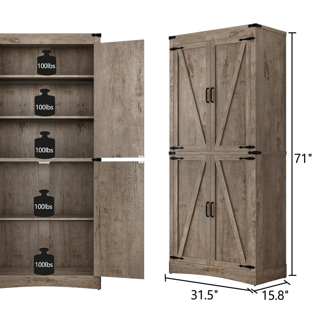 71" Tall Farmhouse Kitchen Pantry Cabinet, 5 Layers Storage Cabinet with Adjustable Shelves, Farmhouse Pantry Cabinet with 4 Barn Doors for Kitchen, Dining Room, Bathroom, Living Room, Rustic White