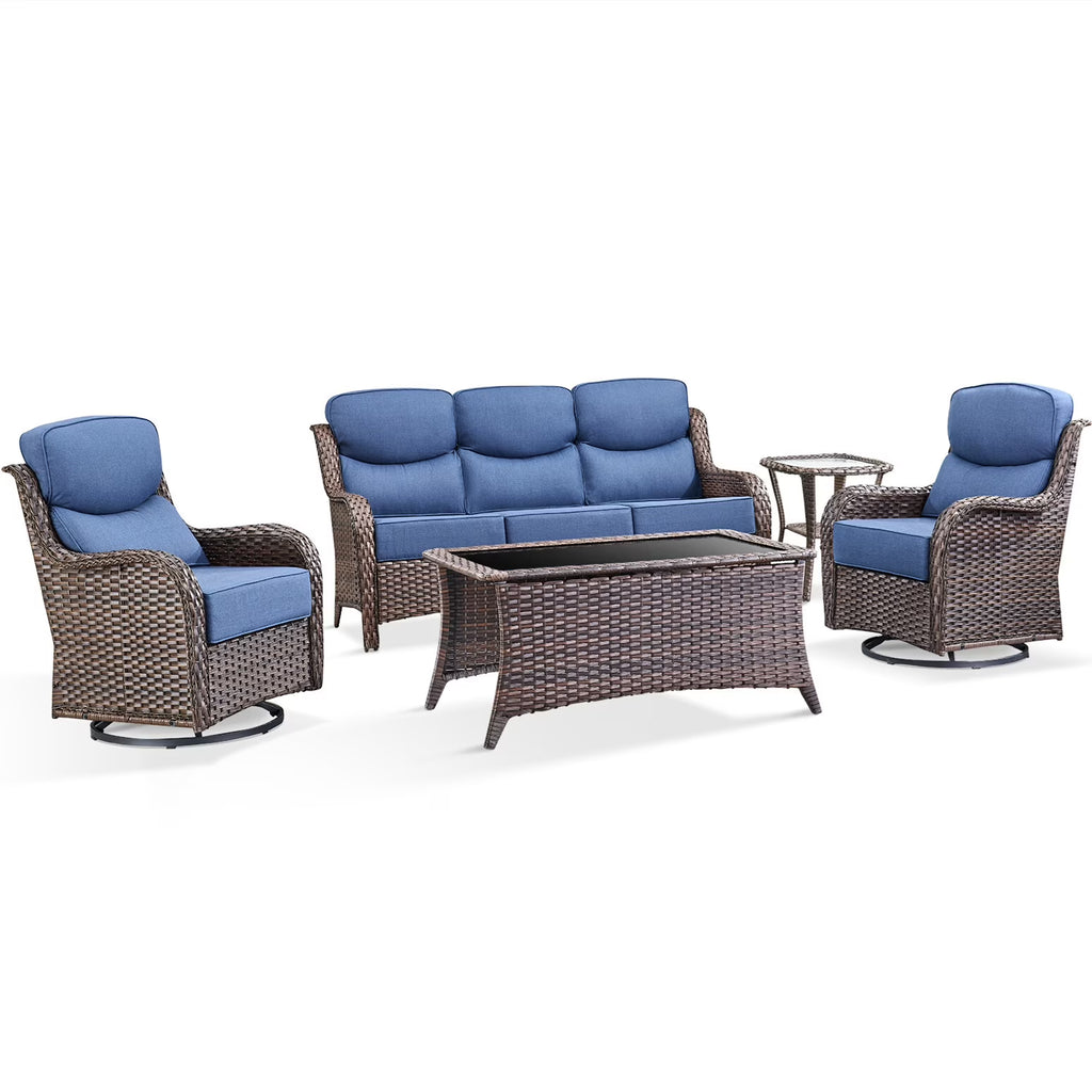 Bellefurn Luxury Outdoor Patio Furniture Set,Swivel Rocker Patio Chairs with 6-inch Thick Cushion,Patio Sofa and Glass Coffee Table,Outdoor Conversation Set for Porch, Deck, Yard