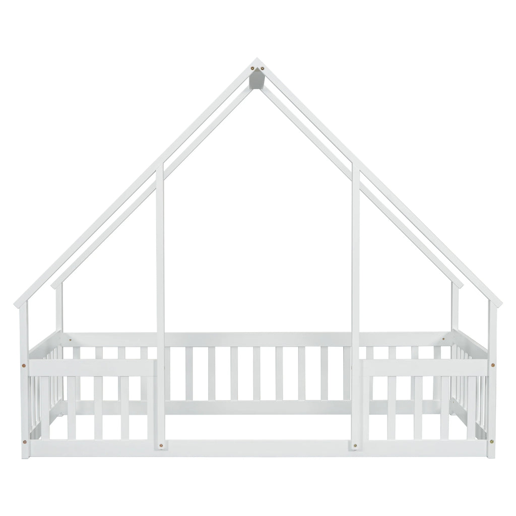 Bellemave Twin Size Floor Bed Frame, Wooden House Bed Twin Size with Fence, Montessori Bed with Guardrails for Bedroom (White)