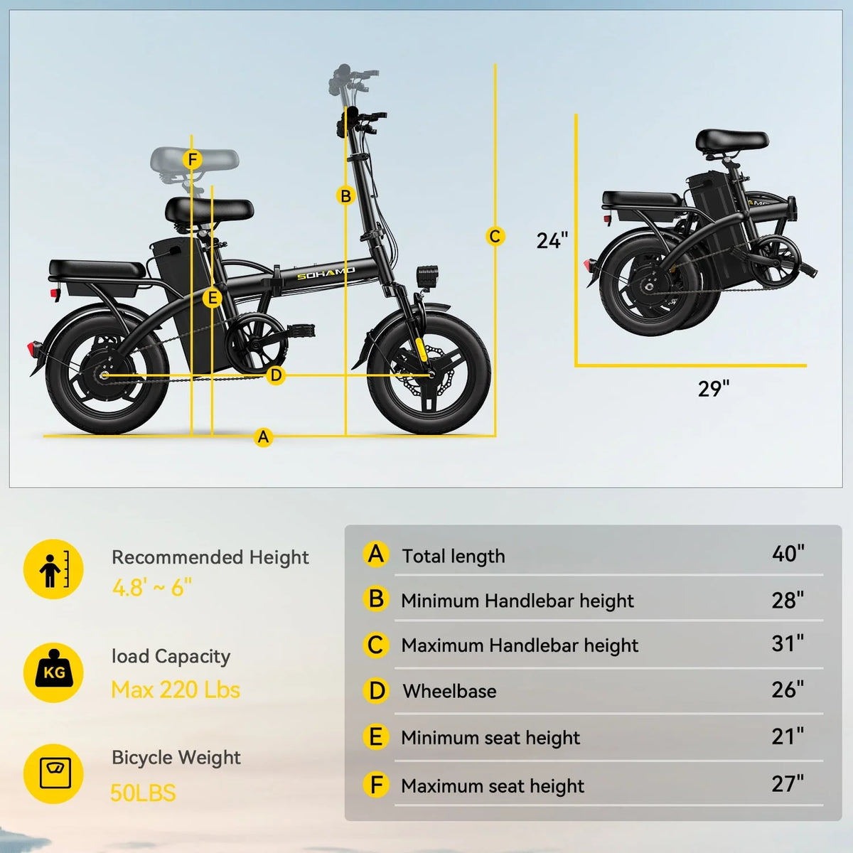 Sohamo Electric Bike 36V 10Ah Folding E-Bike, 400W Motor, 20mph, 3 Levels Assist, Mini E-bike for Teens and Adults