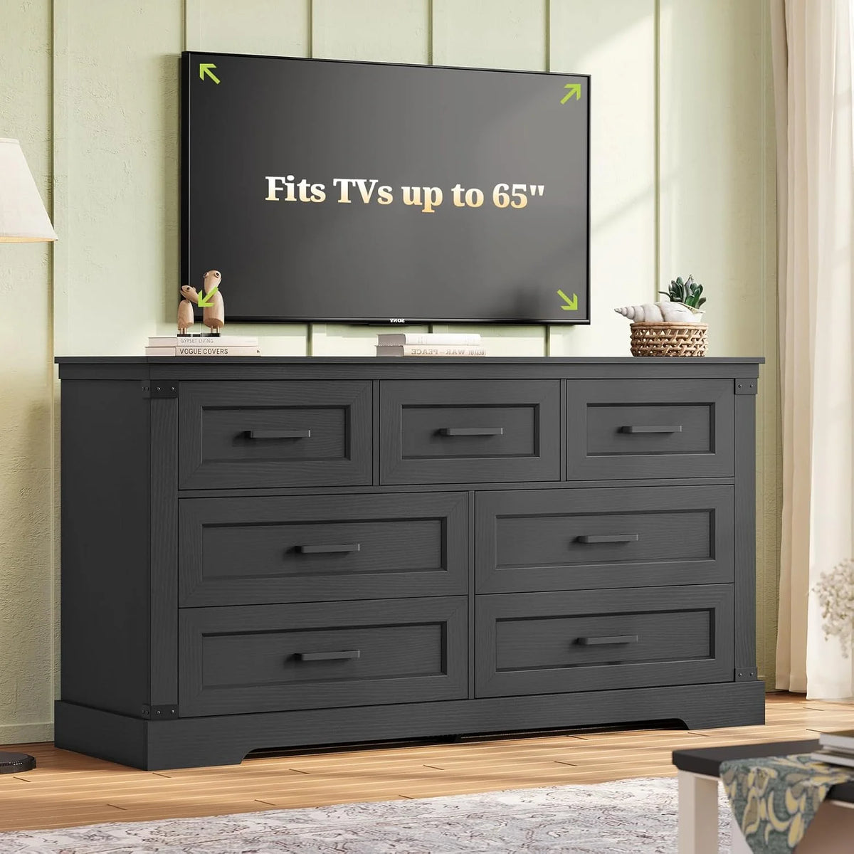 Aunfebrco Black Dresser for Bedroom Farmhouse 7 Drawers Dresser & Chest of Drawers with Thick Styling, Large Clothing Storage Organizer for Living Room