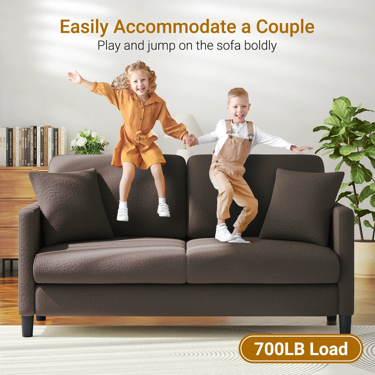 Loveseat Sofa,65" Comfy Teddy Fleece Love Seat Couch,Neche Extra Deep Seats Sofas,Tool-Free Setup Couch with 2 Pillows for Living Room,Coffee Brown
