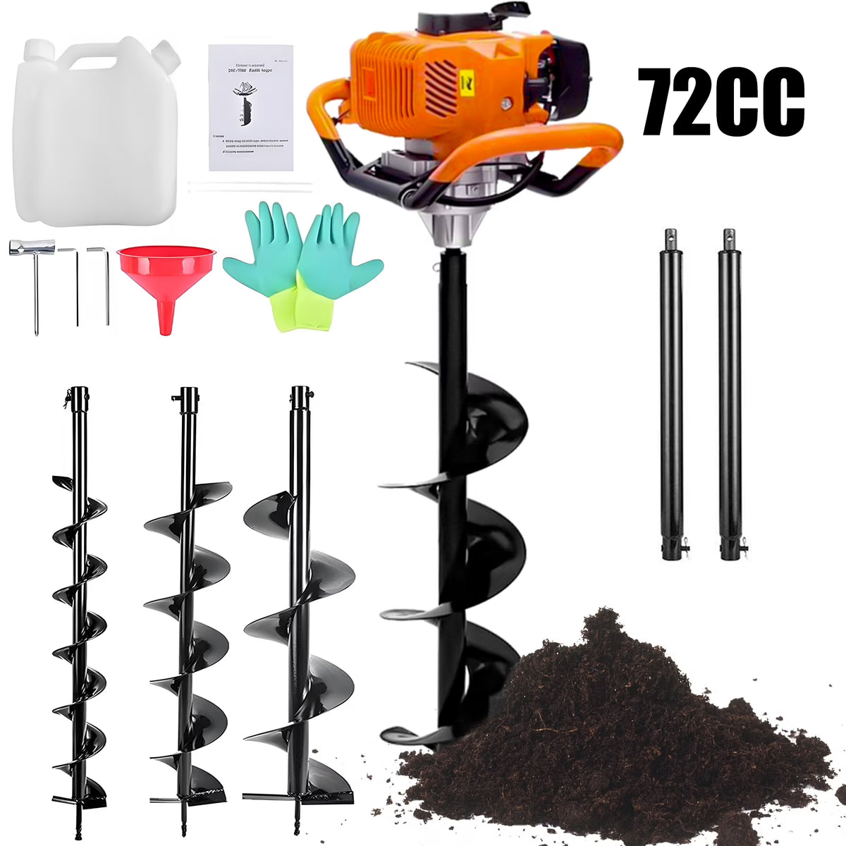 PRIJESSE Gas Powered Earth Digger Post Hole Digger with 3 Extension Rods + 3 Auger Drill Bits