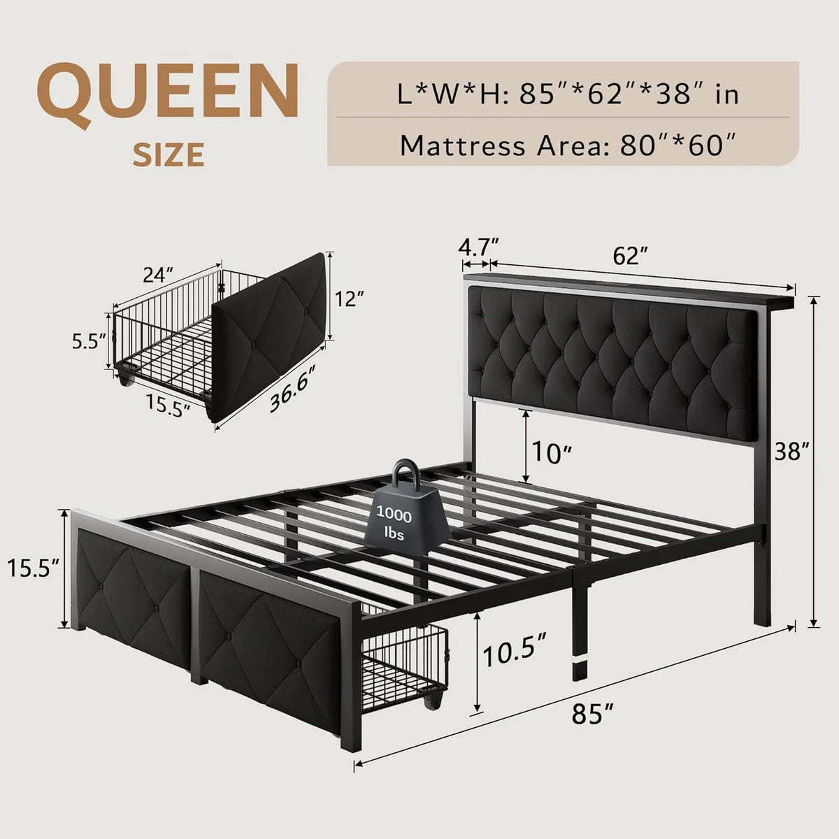 iPormis Full Bed Frame with 2 Drawers, Metal Platform Bed with Charging Station and Linen Fabric Storage Headboard Strong Metal Slats Black,Gray