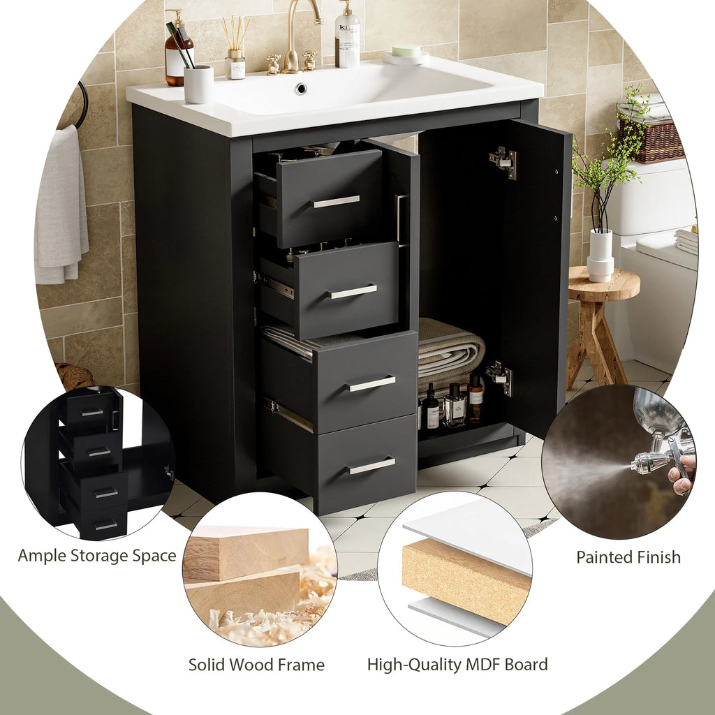 ENSHUI 30-Inch Bathroom Vanity with Ceramic Sink Combo, Solid Wood Frame, 4 Drawers, Soft Closing Doors, Green