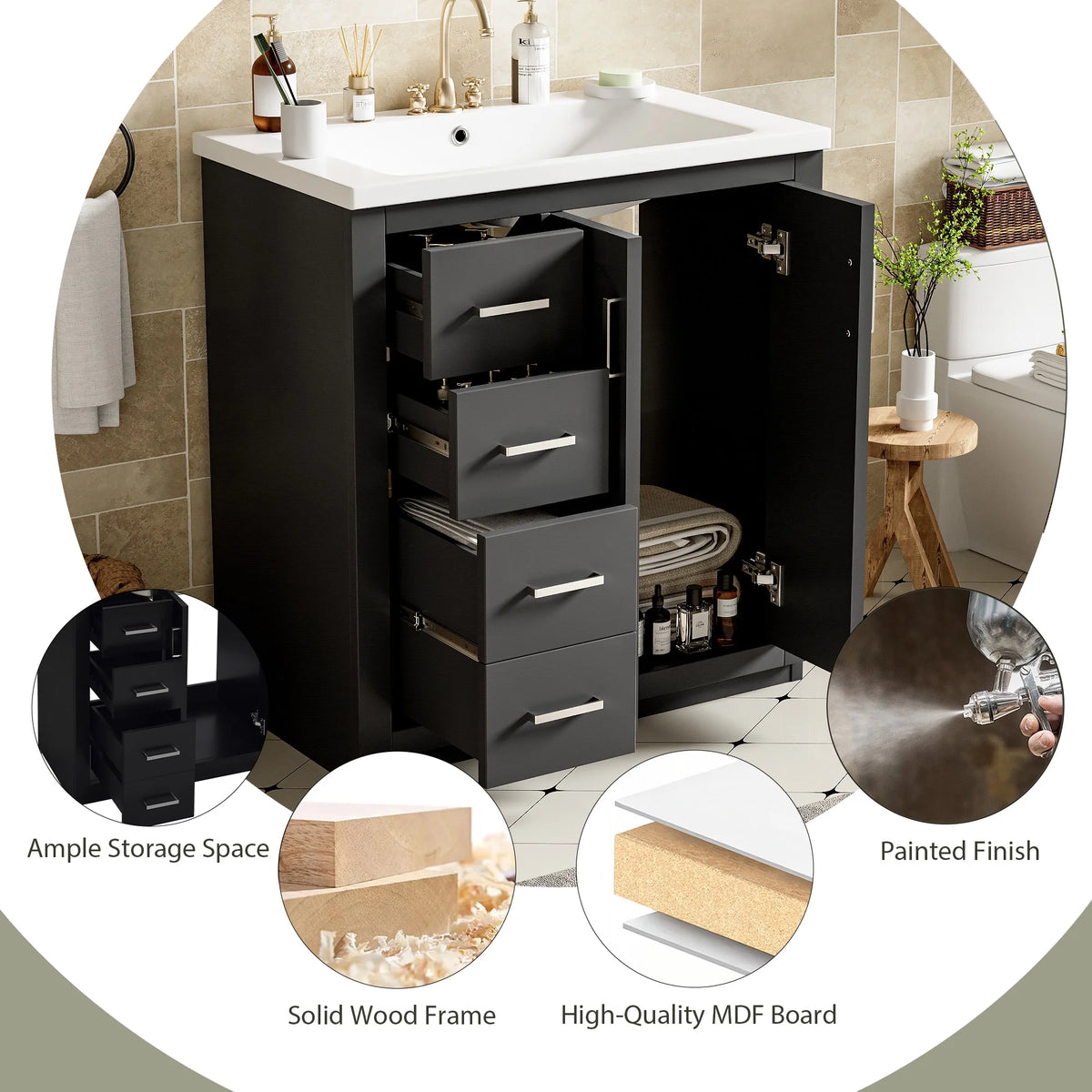 ENSHUI 30-Inch Bathroom Vanity with Ceramic Sink Combo, Solid Wood Frame, 4 Drawers, Soft Closing Doors, Green