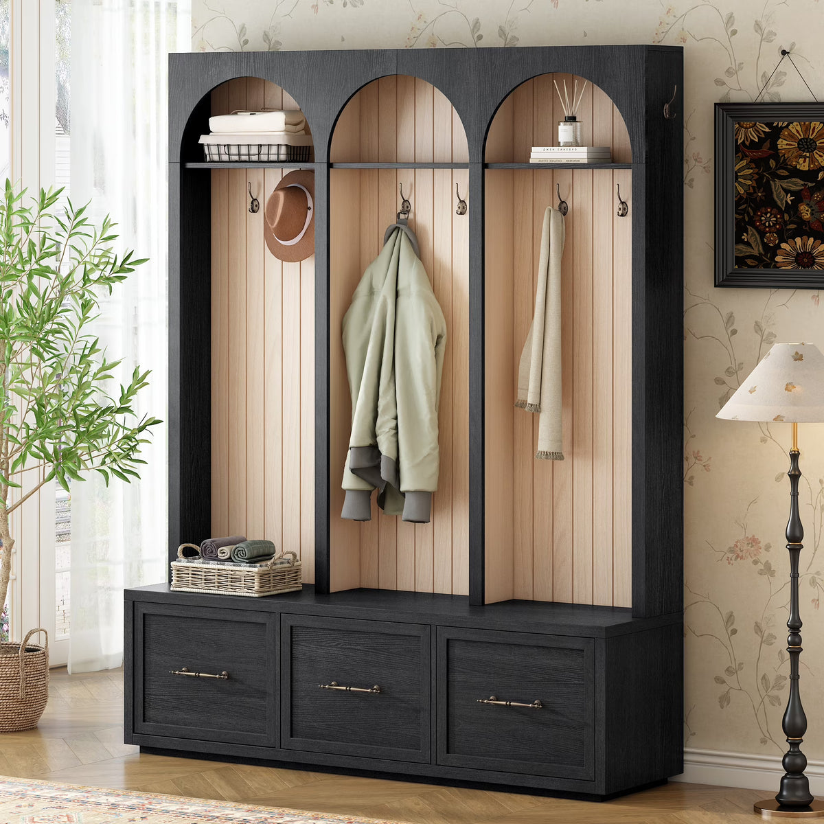 Euroco Farmhouse Wooden Style Hall Tree with Arched Design, Elegant 59" Wide Entryway Bench with 8 Retro Hooks, Rustic Coat Rack & Shoe Organizer with 3 Drawers for Mudroom, Living Room, Dark Walnut