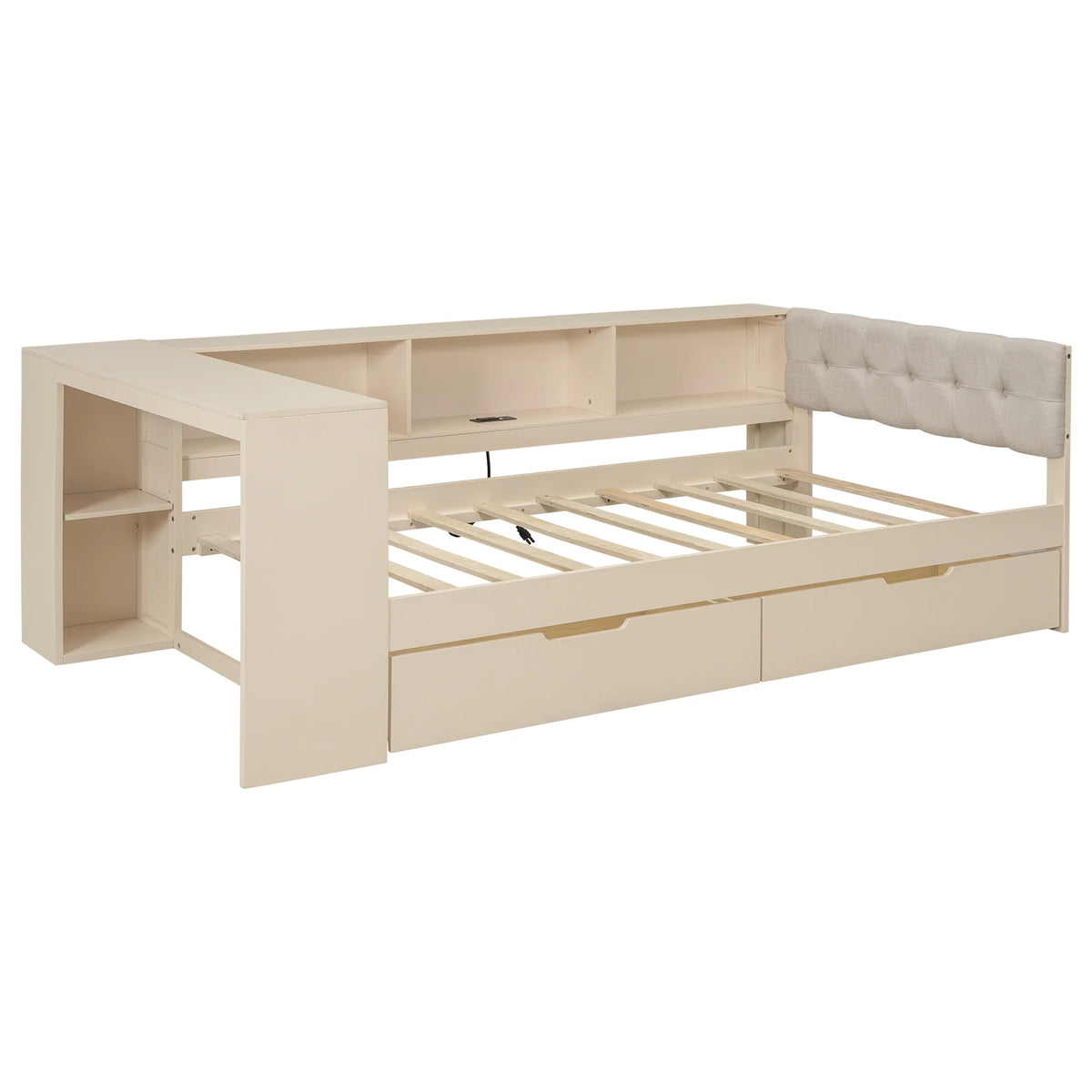 Euroco Wood Twin Size Platform Bed with Desk and Shelves, Drawers and USB Charging for Kids, Cream